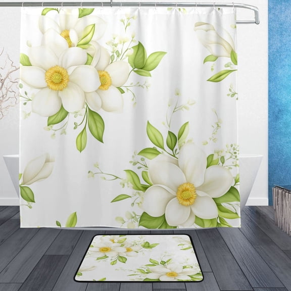 Magnolia Blooms Pattern Bathroom Accessory Sets Waterproof Shower Curtain with Anti-Slip Bath Mat Durable Combo