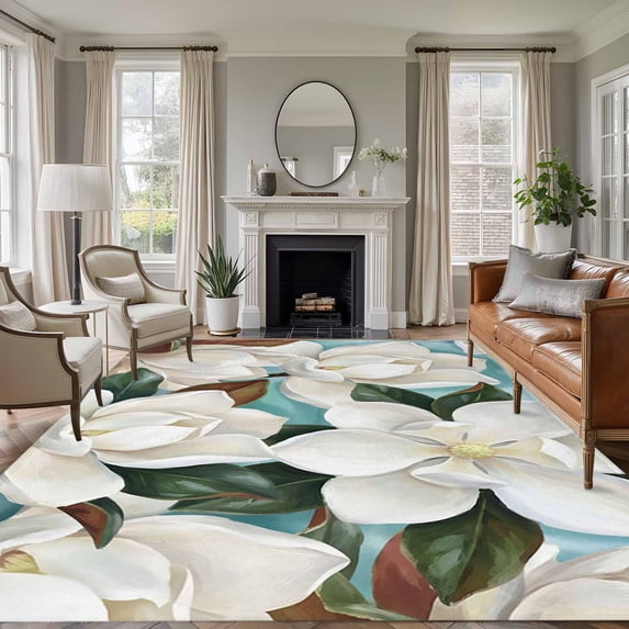 Magnolia Blossom Area Rugs 8'x10', Small Throw Rugs for Living Room Patio, Spring White Floral Flowers Farmhouse Green Indoor Outdoor Rug Non-Slip Low Pile Carpet Runner Reversible Floor Mats