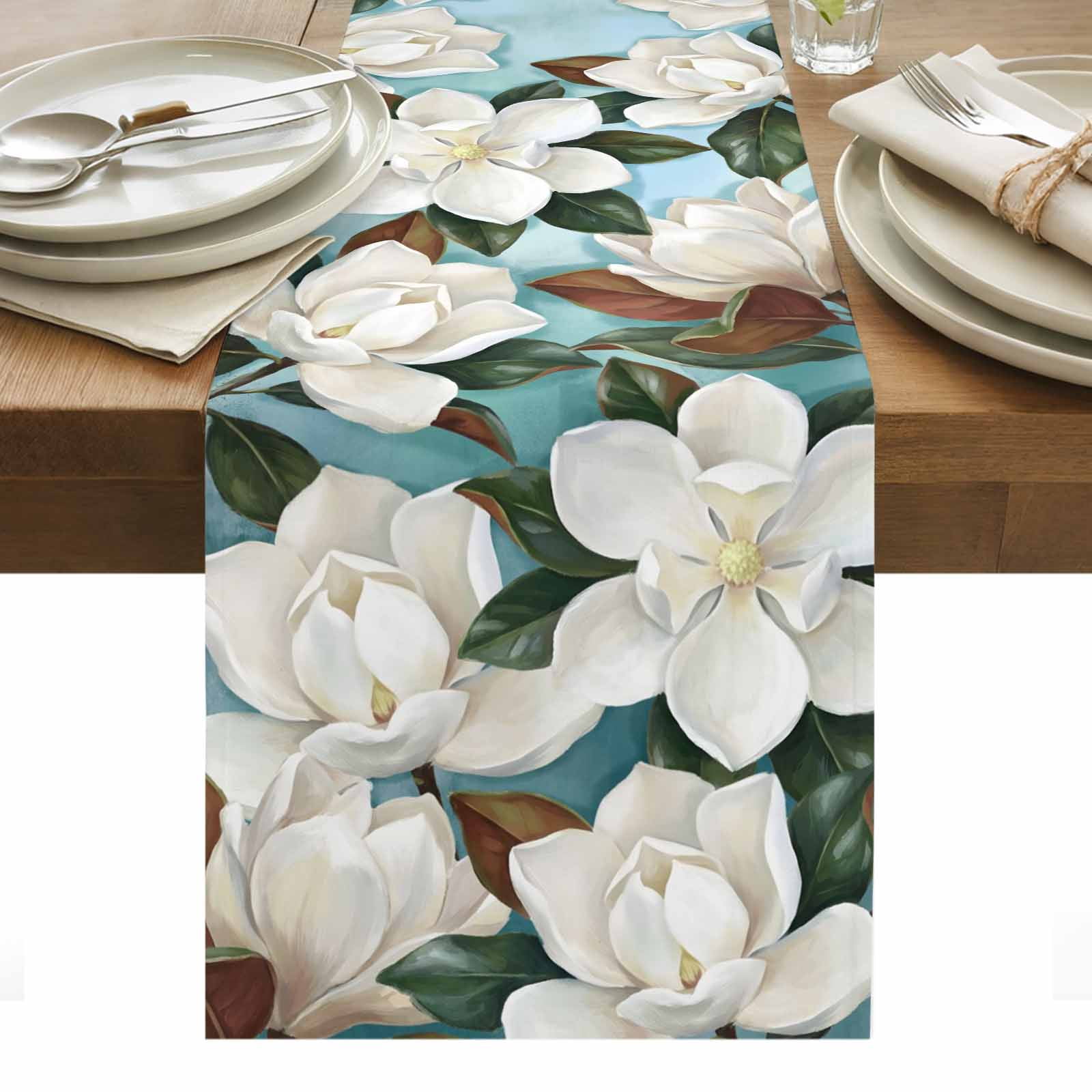 Magnolia Blossom Table Runner Spring White Floral Flowers Farmhouse ...