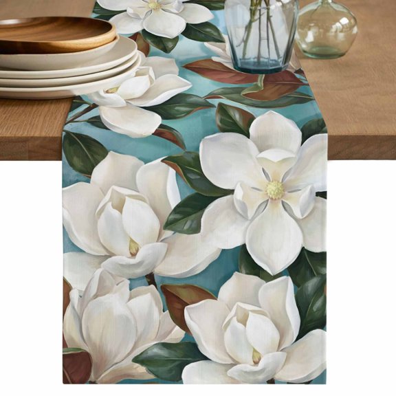 Magnolia Blossom Table Runner, Spring White Floral Flowers Farmhouse Green Washable Cotton Linen Table Runners 36 Inches Long, Dresser Scarf Runner for Nightstand/End Tables/Round Tables 13''x36''