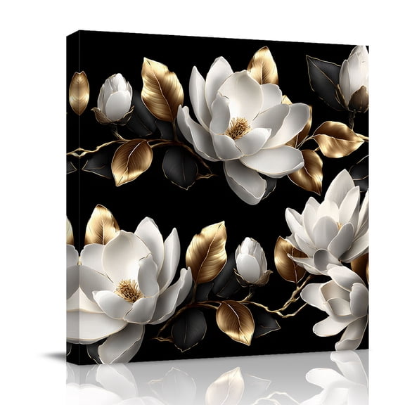 Magnolia Blossoms Canvas Wall Art for Living Room, Vintage White Floral Gold Black Leaf Poster Print Painting for Bedroom Office Home Decoration Wall Pictures Prepare To Hang 8"x8"