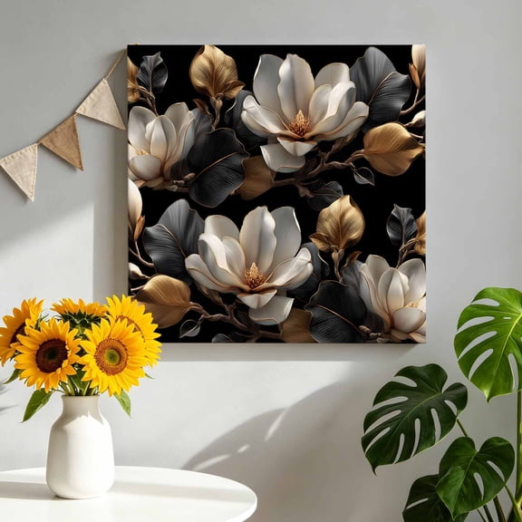 Magnolia Blossoms Canvas Wall Art, Retro White Floral Black Gold Leaf Branch Pictures Wall Decor Wooden Framed Artwork Art Prints for Living Room Hallway Bedroom Office 8"x8"