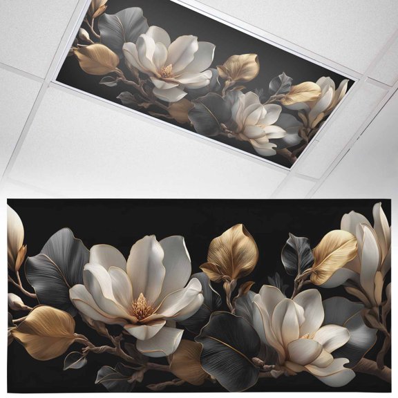 Magnolia Blossoms Fluorescent Light Covers Retro White Floral Black Gold Leaf Branch Magnetic Light Filters Ceiling Lighting Panel Shade for Classroom Office Home 2 x 4 ft, 1 Pack