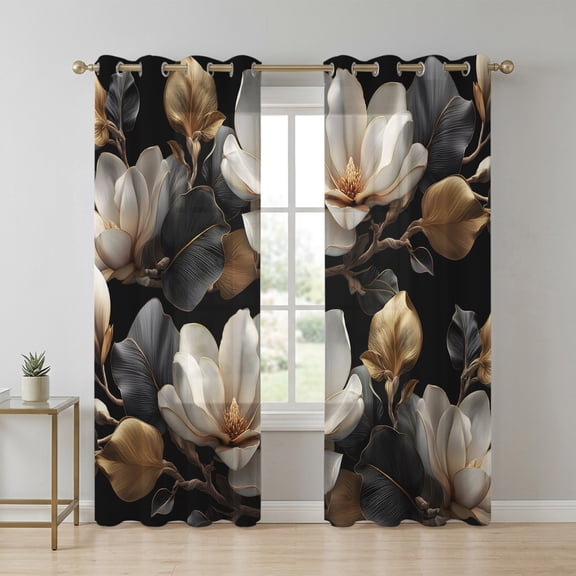 Magnolia Blossoms Sheer Curtains 84 Inch Long 2 Panels, Retro White Floral Black Gold Leaf Branch Light Filtering Semi Sheer Drapes Grommet Voile Window Curtain for Living Bedroom W42 x L84