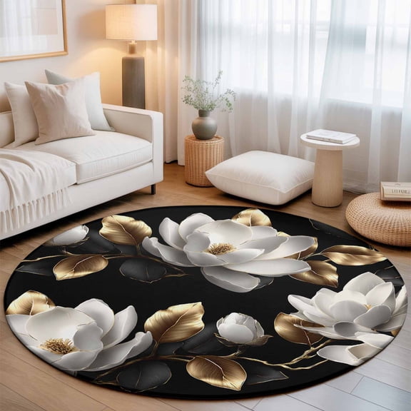 Magnolia Blossoms Washable Round Area Rug 4 ft, Vintage White Floral Gold Black Leaf, Soft Non Slip Rugs Stain Repellent Indoor Felt Carpet for Living Dining Room Bedroom Home Office