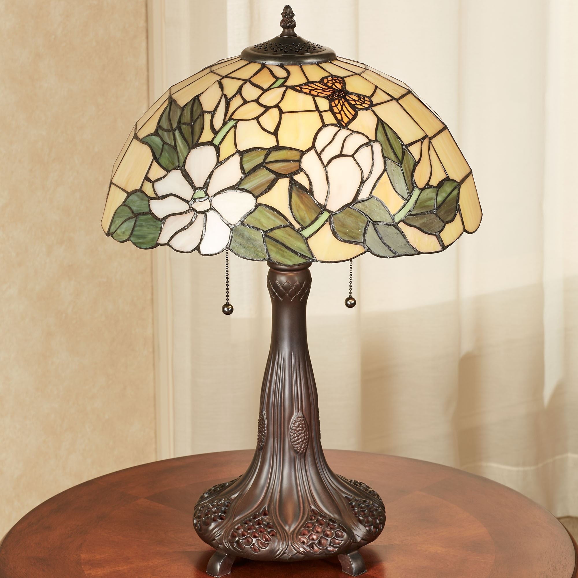 Magnolia Butterfly Stained Glass Table Lamp Ivory One Size