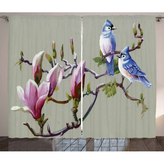 Ambesonne Magnolia Curtains 2 Panel Set, Waxwing Sparrow Bird, 108" x 108", Multicolor