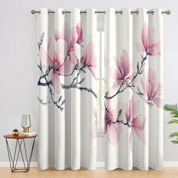 Magnolia Curtains Blackout - Pink Floral Blackout Curtains, Flower Window Treatments, Magnolia Home Decor Drapes 26"W x 45"L (Pack of 2)