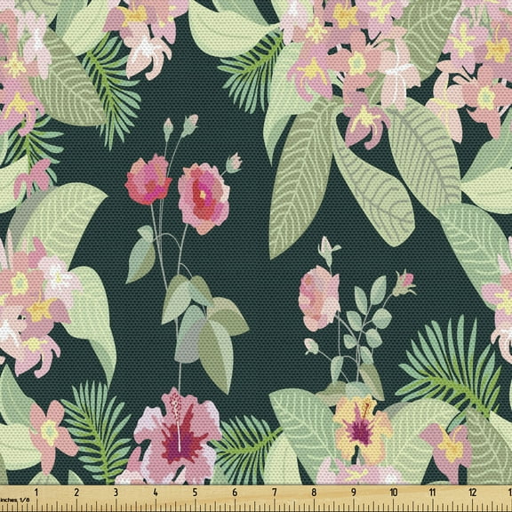 Magnolia Fabric by the Yard, Botanical Garden Art Design with Hibiscus and Tropical Flowers Spring, Decorative Upholstery Fabric for Sofas and Home Accents, 3 Yards, Multicolor by Ambesonne