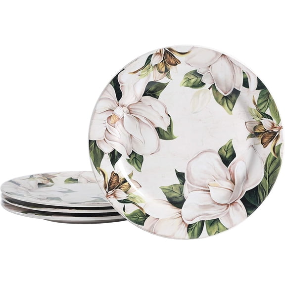 Magnolia Floral Dinner Plates Set of 4, 11 Inch Large Ceramic Plates for Pasta, Steak, Stylish Serving Dishes, Microwave and Dishwasher Safe, for Housewarming and Thanksgiving