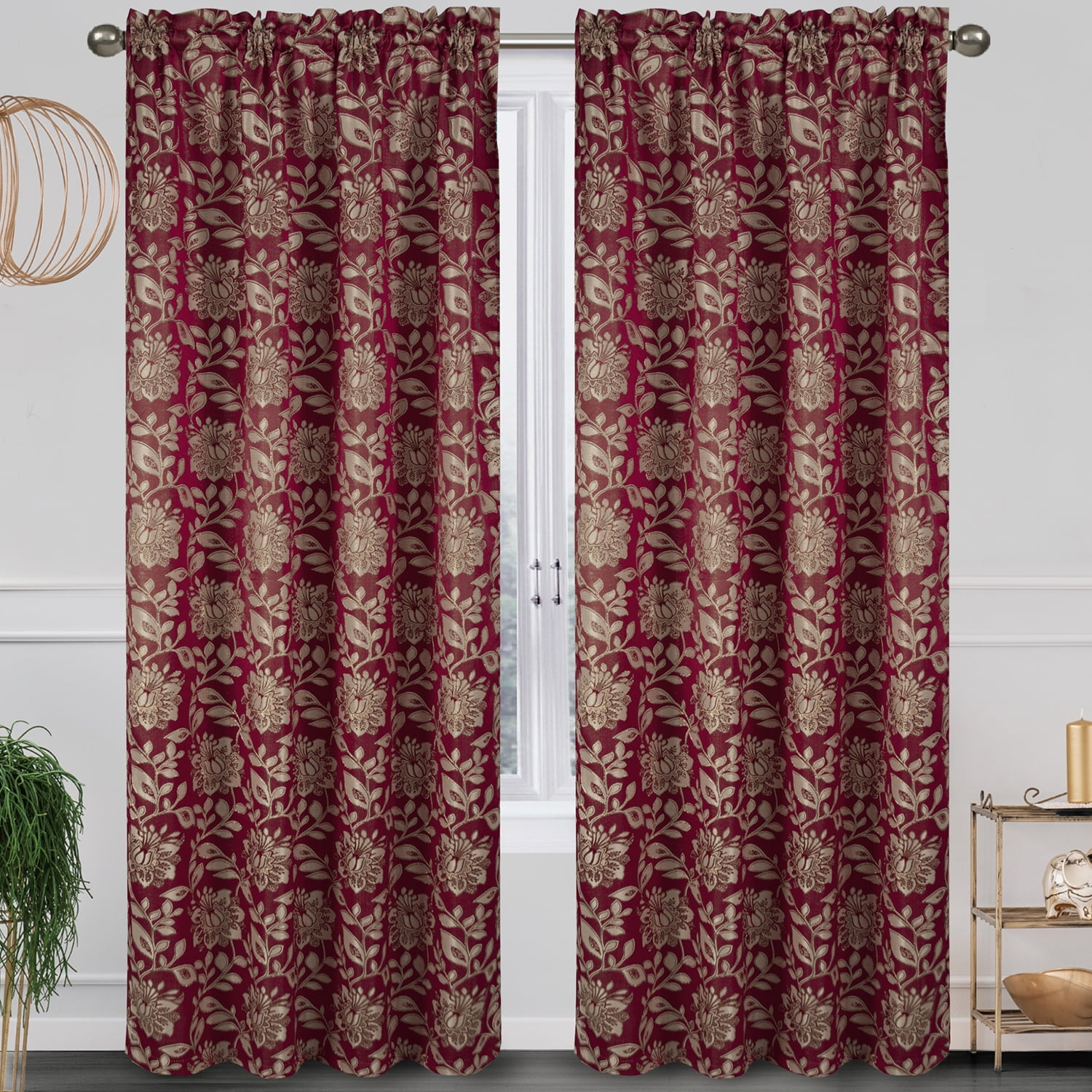 Magnolia Floral Jacquard Rod Pocket Window Panel, Burgundy, 54x84 ...