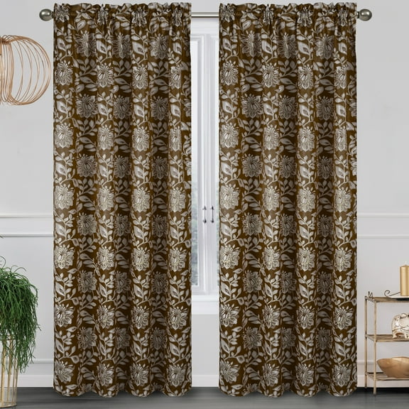 Magnolia Floral Jacquard Rod Pocket Window Panel, Coffee, 54x84 Inches
