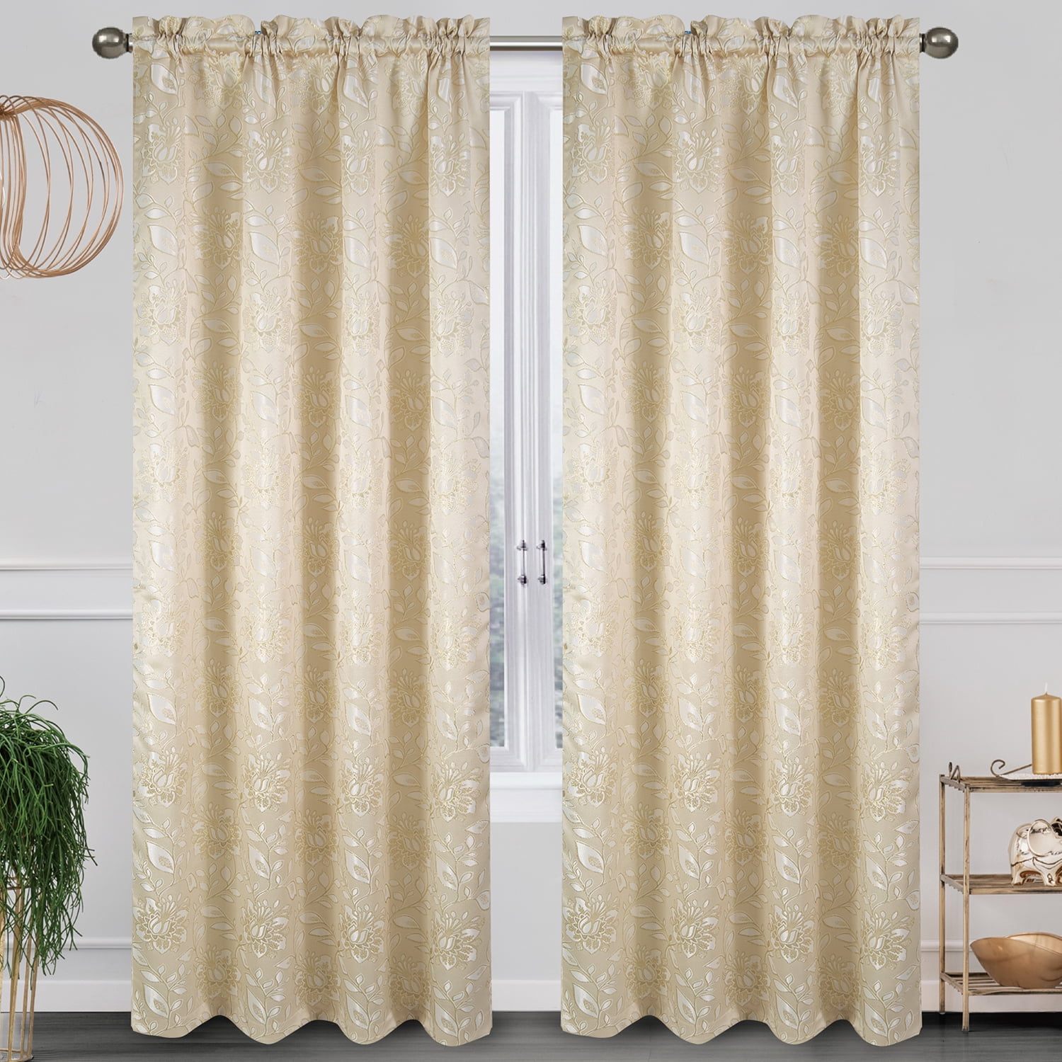Magnolia Floral Jacquard Rod Pocket Window Panel, Gold, 54x84 Inches ...