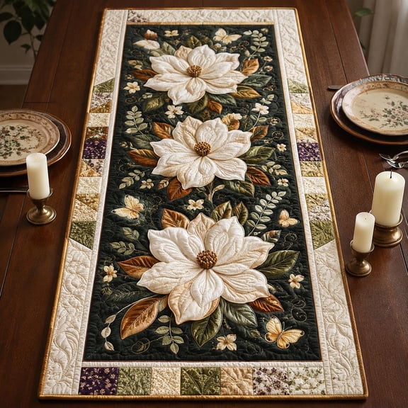Magnolia Floral Quilted Table Runner, Farmhouse Patchwork Topper