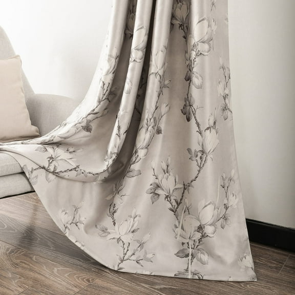VOGOL Magnolia Flower Blackout Curtains for Bedroom, Grommet Thermal Insulated Room Darkening Curtains for Living Room Patio Door Window Drapes, 2 Panels, W52 x L84, Grey