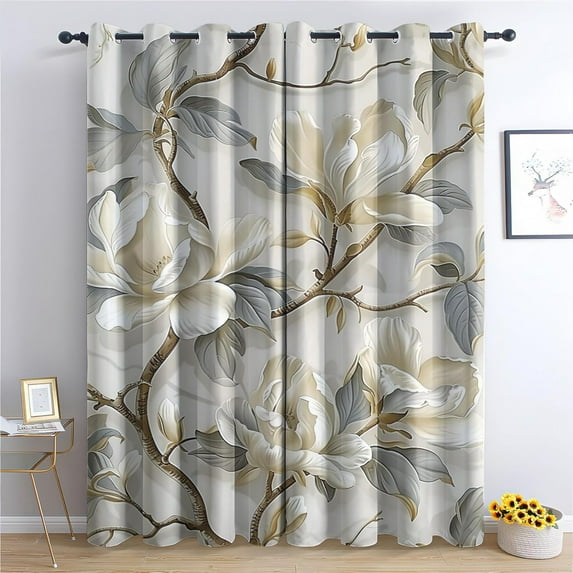 Magnolia Flower Blackout Curtains, Floral Curtains For Bedroom Living Room Decor, Botanical Black Out Grommet Window Drapes 52"W x 84"L (Pack of 2)