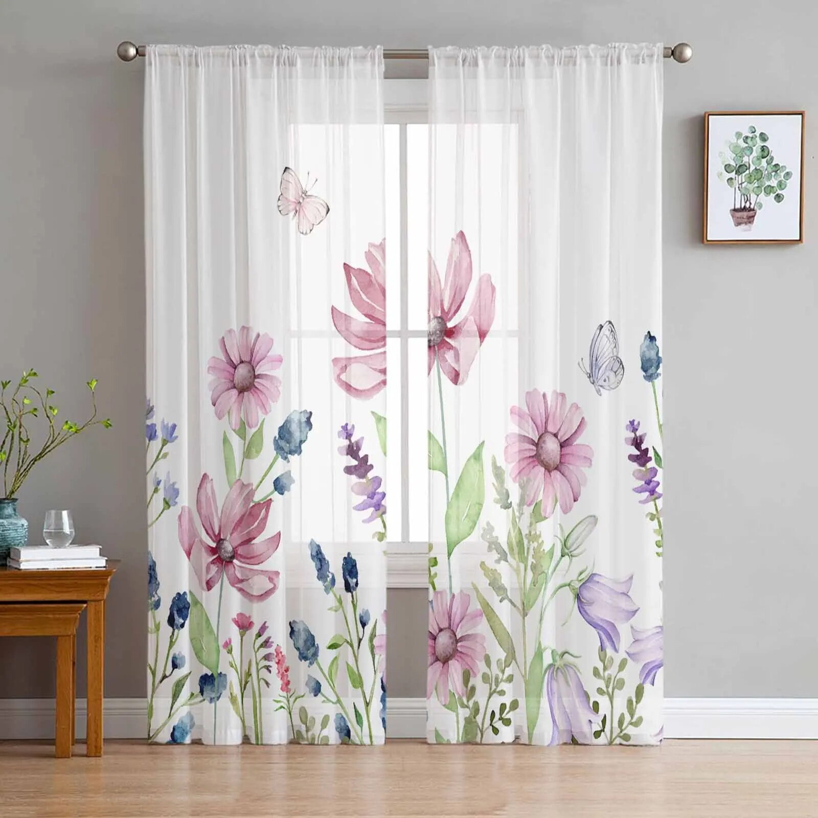 Magnolia Flower Branch Plant Voile Sheer Curtain for Living Room Coffee ...