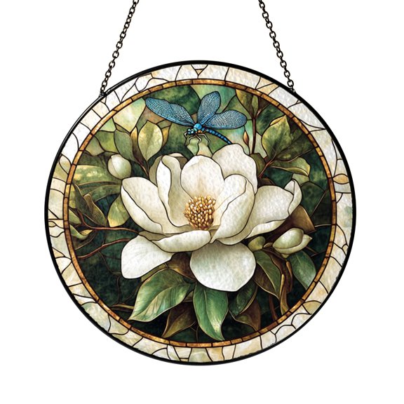 Magnolia Flower Dragonfly Window Hanging – Stained Glass Style Botanical Decor