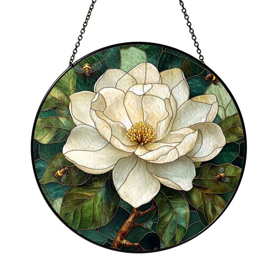 Magnolia Flower Faux Stained Glass Window Decor, Soft Light Suncatcher for Calm Home Atmosphere