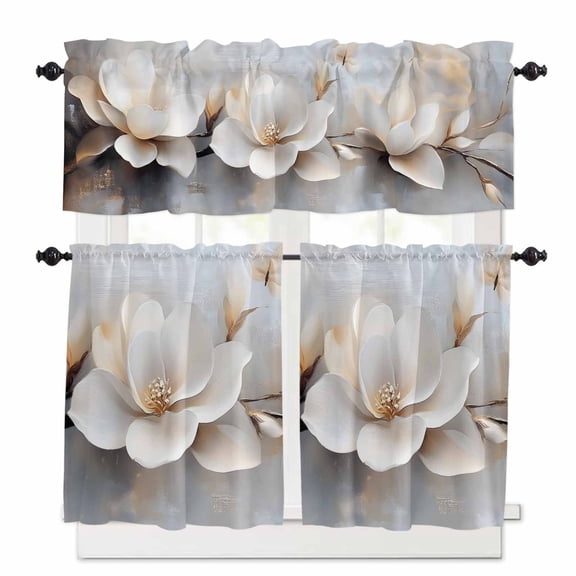 Magnolia Flower Kitchen Curtains Valances and Tiers Set of 3, Modern Abstract 36 Inch Length Tier Curtains and Valance Rod Pocket Valance Curtains Set for Kitchen Bathroom Small Windows