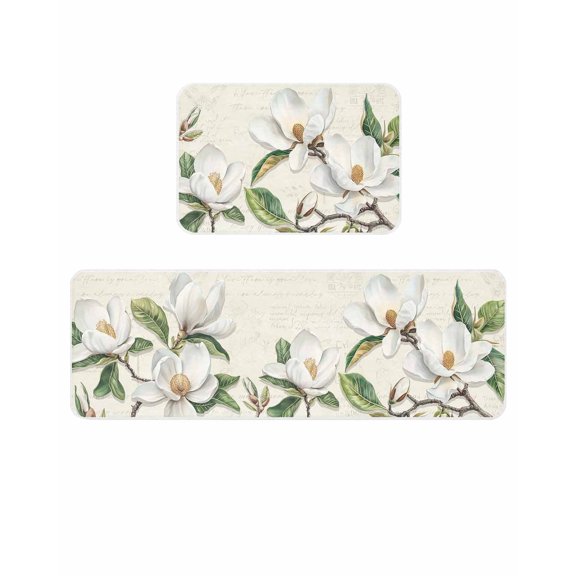 Magnolia Flower Kitchen Mats for Floor 2 Piece, Green Leaf Pastoral Retro Background Absorbent Non-Slip Kitchen Rugs Comfort Standing Mat for Laundry, Hallways 23.6"x35.4"+23.6"x70.9"