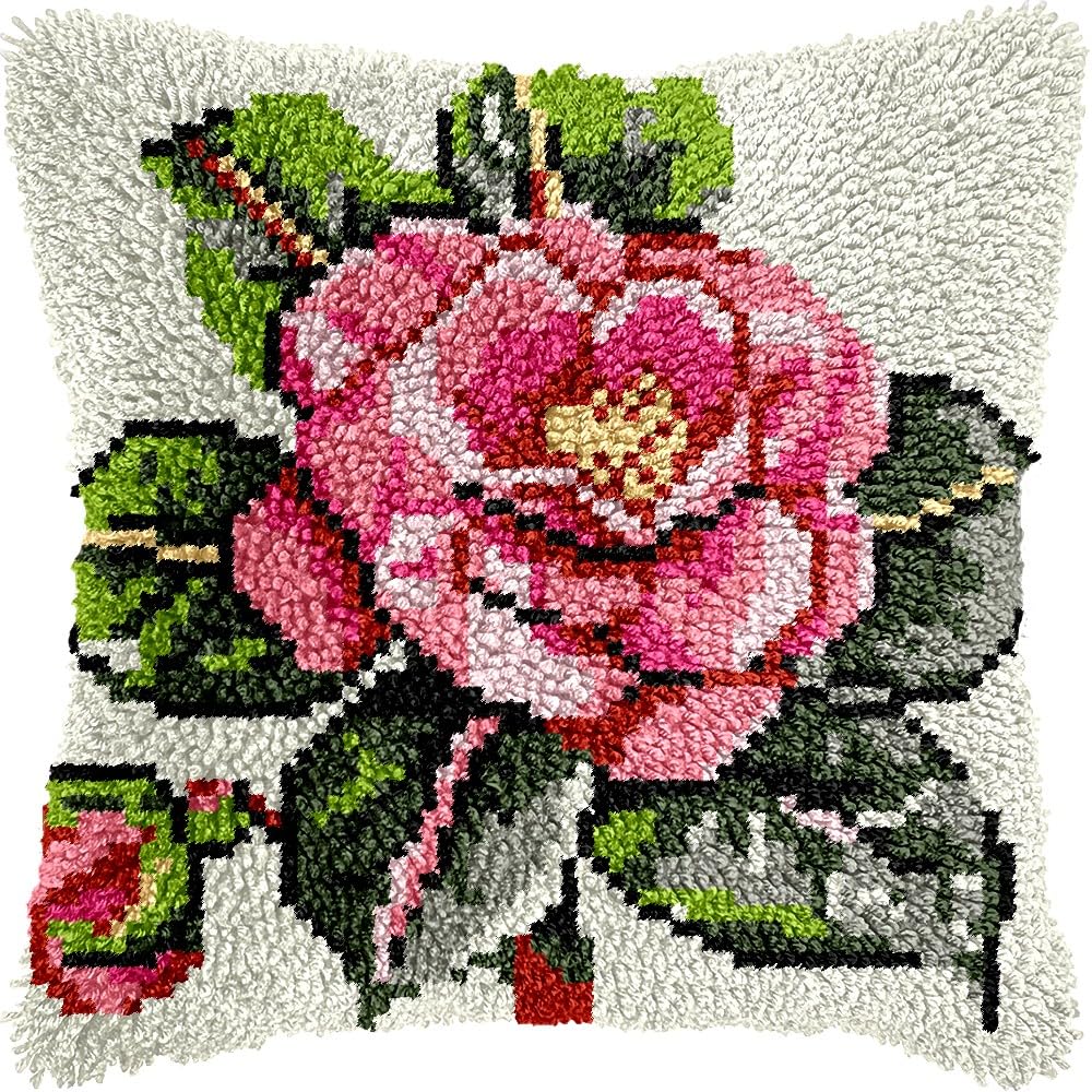Magnolia Flower Latch Hook Pillow Kits for DIY Throw Pillow Cushion Embroidery Latch Hooking Pillowcase Kits with Preprinted Canvas Crochet Yarn Kits for Home Decor 17''X 17''(d305)