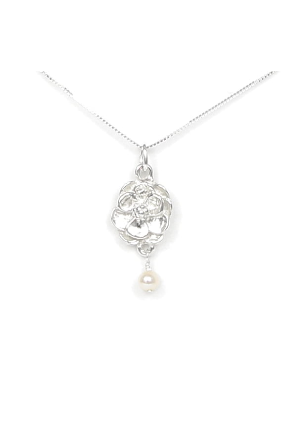 Magnolia Flower Necklace - Gift Boxed with Be Strong Story Card - Handcrafted Sterling Silver with Freshwater Pearl - Made in USA (18 Inch Chain Length)