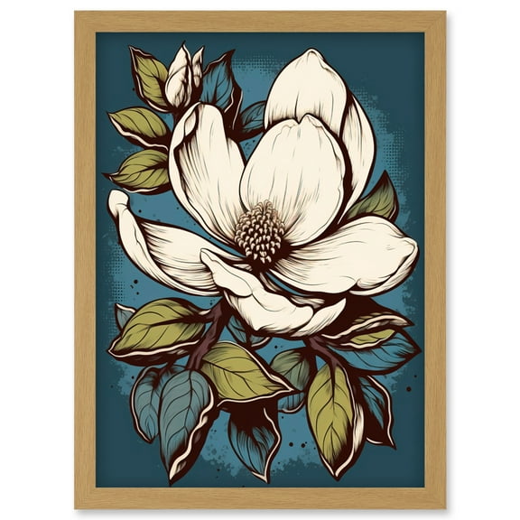 Magnolia Flower Old School USA Tattoo Ink Body Art Rockabilly Americana 50s Artwork Framed Wall Art Print A4