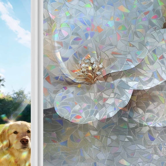 Magnolia Flower Rainbow Window Privacy Film, Retro Flowers Modern Abstract Stained Glass Window Film, Sun Blocking Glass Clings Static Cling Non Adhesive Door Stickers 29.5 x 118 Inches