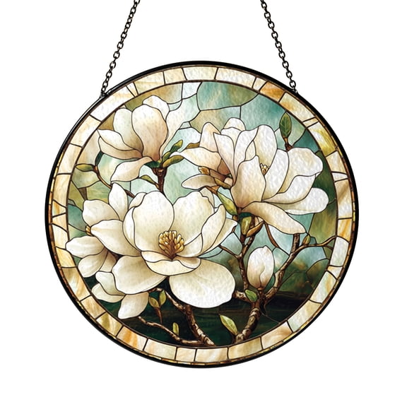Magnolia Flower Stained Glass Style Panel – Elegant Window Decoration