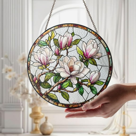 Magnolia Flower Stained Glass Suncatcher, Elegant Pink Bloom Window Art, Magnolia Flower Suncatcher, Floral Decor for Women, Mom Gift
