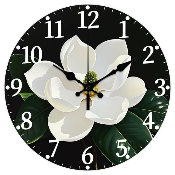 Magnolia Flower Style Pattern Wall Clock 12 Inch Non-Ticking Clocks Round Wall Hanging Clock Battery Operated for Bedroom Living Room Kitchen Office