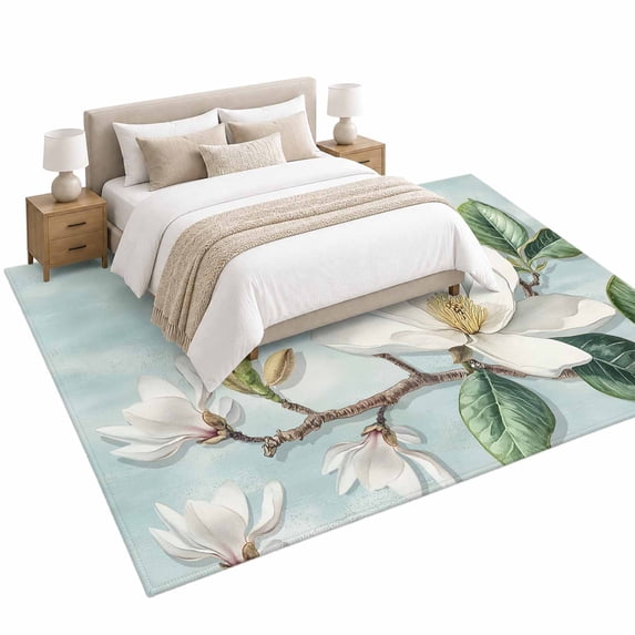 Magnolia Flowers Area Rug 5'x7', Retro White Floral Soft Mat Non-Slip ...