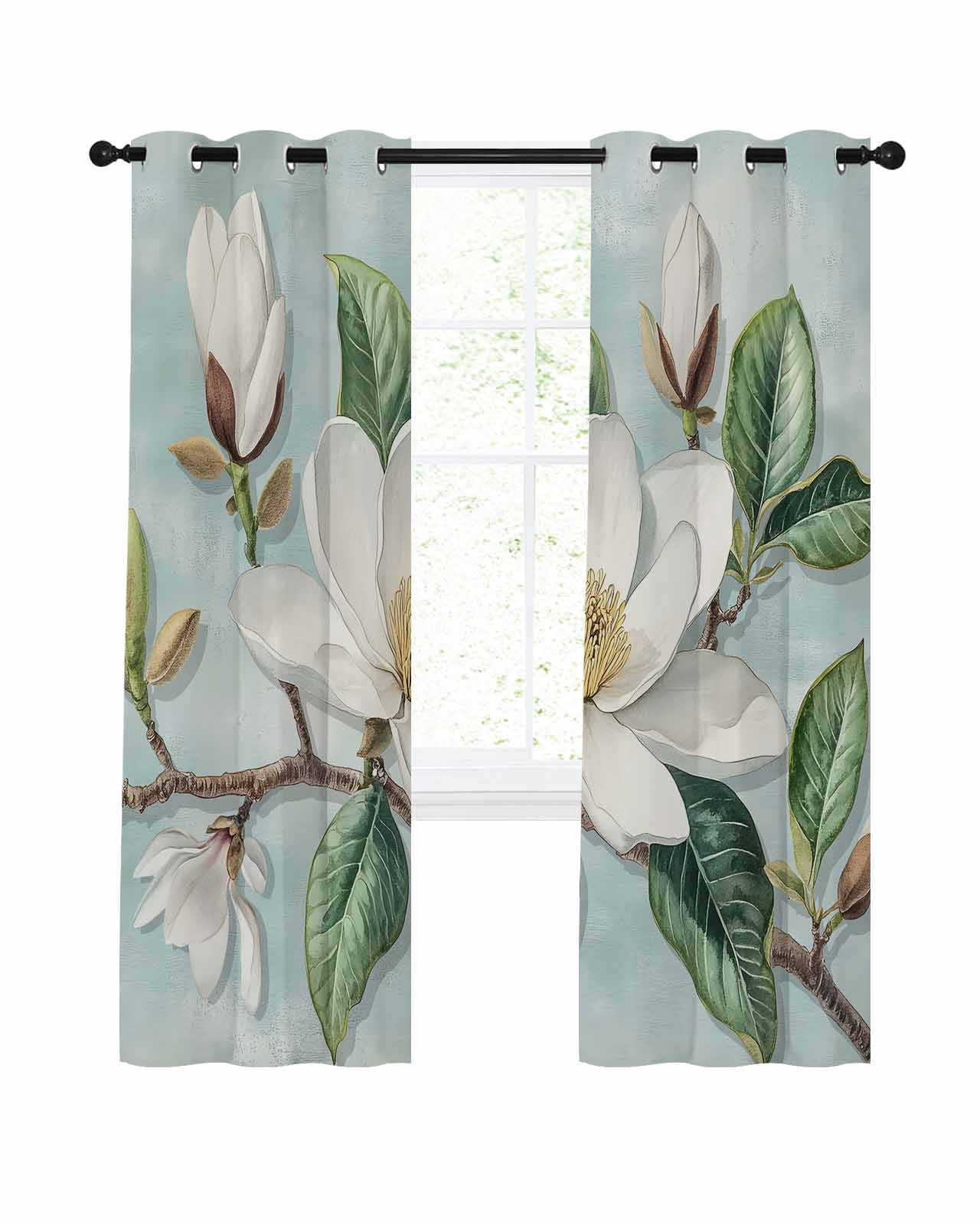 Magnolia Flowers Blackout Curtains 84 Inches Long, Retro White Floral 2 Panels, Thermal Insulated Room Darkening Drapes with Grommets, 52W x 84L Each Panel