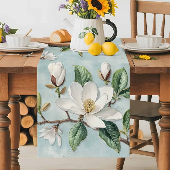 Magnolia Flowers Dining Table Runner, Retro White Floral Washable Table Runners Kitchen Coffee Table Center Decor for Home Party Holiday Wedding 13 x 36 Inches