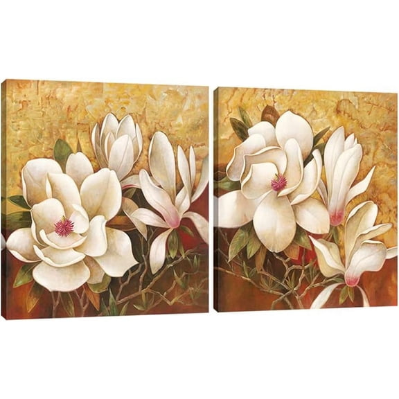 Magnolia Flowers Modern 2 Piece Stretched Floral Canvas Prints Oil Paintings Artwork Style Brown Pictures on Canvas Wall art for Living Room Bedroom Home Decorations