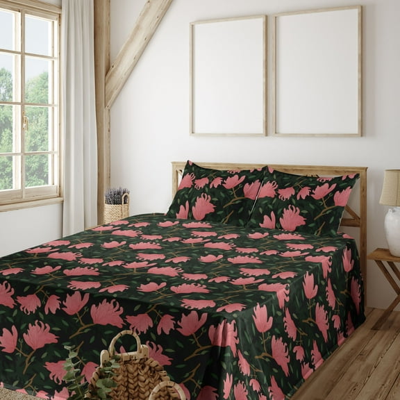 Ambesonne Magnolia Flowers Fitted & Flat Sheet with Shams 4 Pcs Set, Leaves Romantic, King, Pastel Pink Forest Green