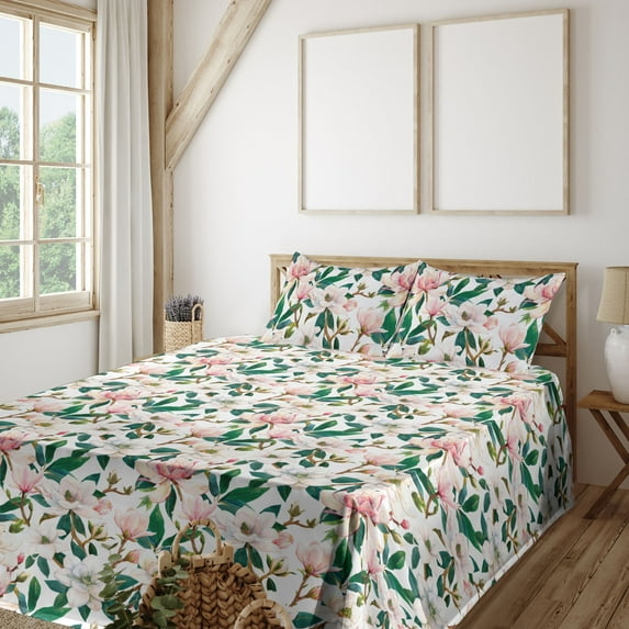 Ambesonne Magnolia Flowers Fitted & Flat Sheet with Sham 3 Pcs Set, Spring Color Bloom, Twin XL, Forest Green Soft Pink