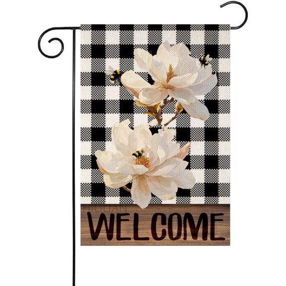 Magnolia Garden Flag Welcome Spring Double Sided 12x18 Inch,Bee Home Outdoor Yard Spring Summer Lawn Buffalo Check Garden Flag Decoration(1512)