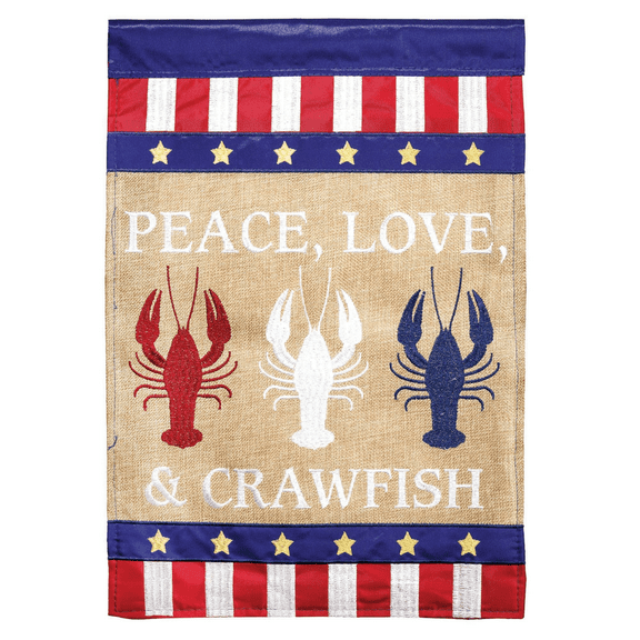 Magnolia Gardens M011398 13 x 18 in. Double Applique Peace Love & Crawfish Burlap Garden Flag