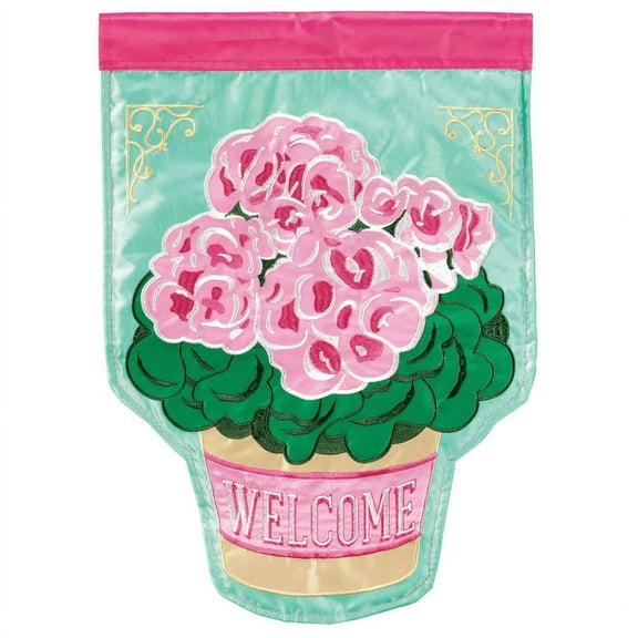 Magnolia Gardens M011529 13 x 18 in. Welcome Potted Geraniums Polyester Printed Garden Flag