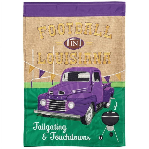 Magnolia Gardens M011613 13 x 18 in. Football In La Purple & Gold Burlap Garden Flag
