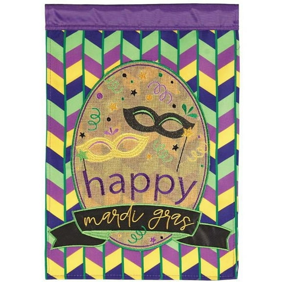 Magnolia Gardens M011666 13 x 18 in. Mask Happy Mardi Gras Burlap Garden Flag