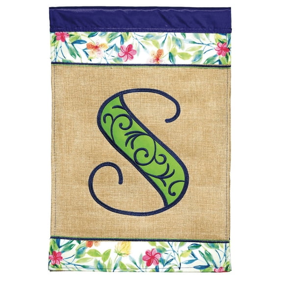 Magnolia Gardens M030088 13 x 18 in. Double Applique Monogram S Spring Burlap & Print Garden Flag