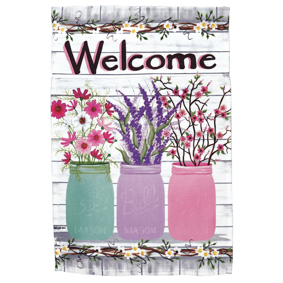 Magnolia Gardens M070113 30 x 44 in. Print Welcome Jars of Flowers Polyester Garden Flag - Large