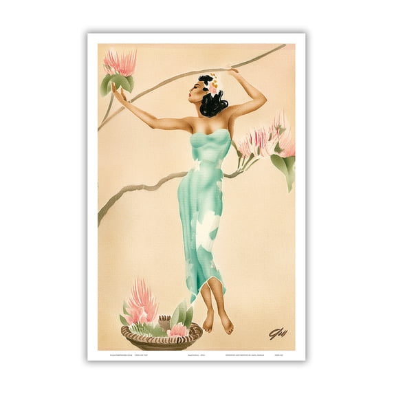 Magnolia - Hawaiian Woman reaches for a Magnolia Blossom Flower - Vintage Hawaiian Airbrush Art by Gill c.1940s - Master Art Print (Unframed) 12in x 18in