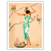 Magnolia - Hawaiian Woman reaches for a Magnolia Blossom Flower - Vintage Hawaiian Airbrush Art by Gill c.1940s - Master Art Print (Unframed) 9in x 12in