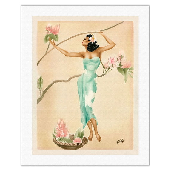 Magnolia - Hawaiian Woman reaches for a Magnolia Blossom Flower - Vintage Hawaiian Airbrush Art by Gill c.1940s - Fine Art Rolled Canvas Print 20in x 26in