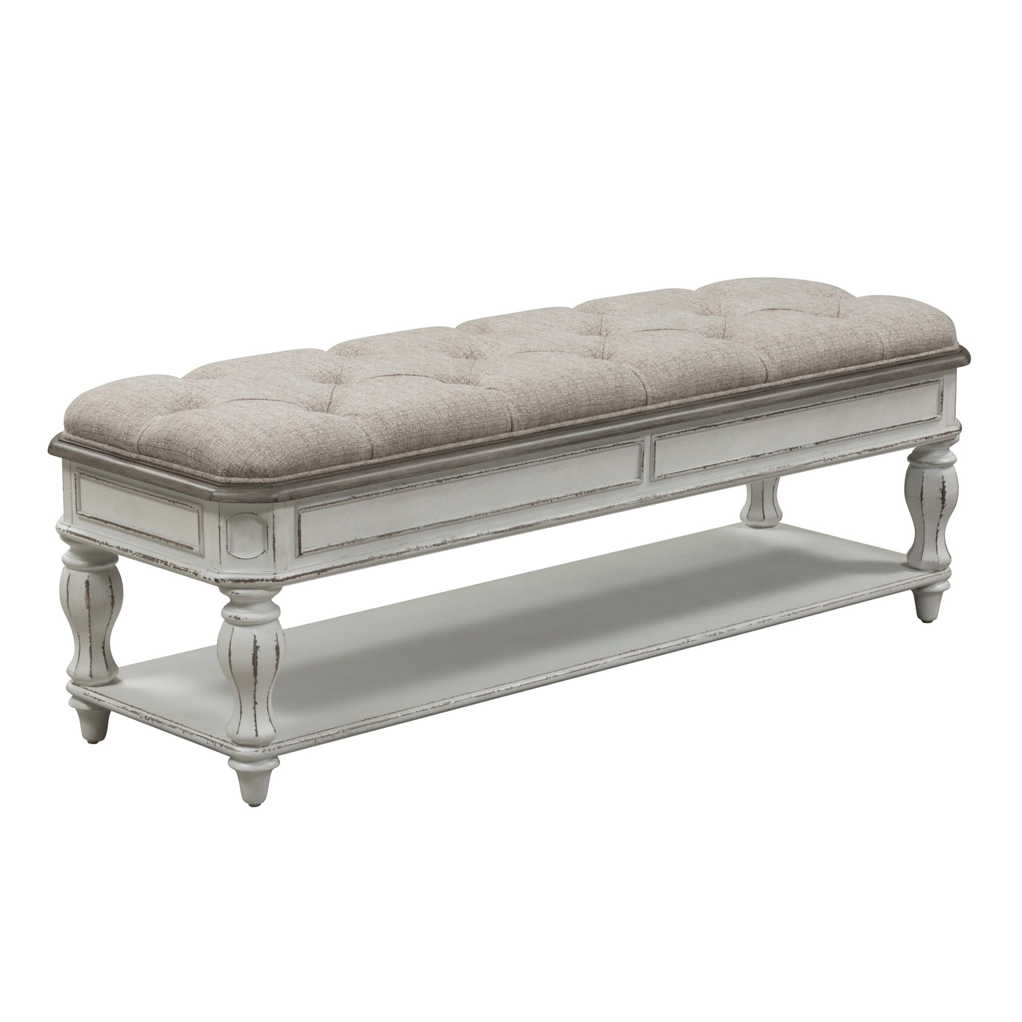 Antique White Upholstered Bedroom Bench with Storage Shelf