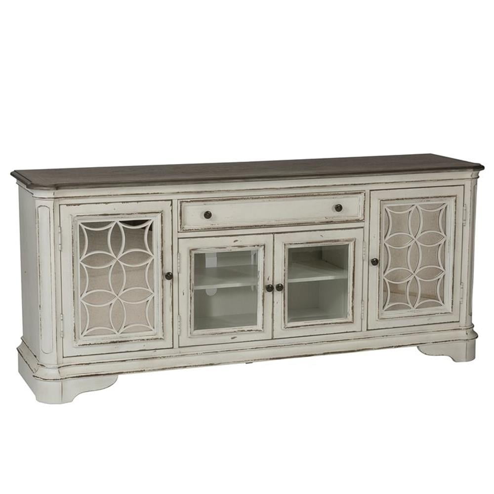Elegant Antique White 74" Oak & Birch TV Stand with Mirrored Doors